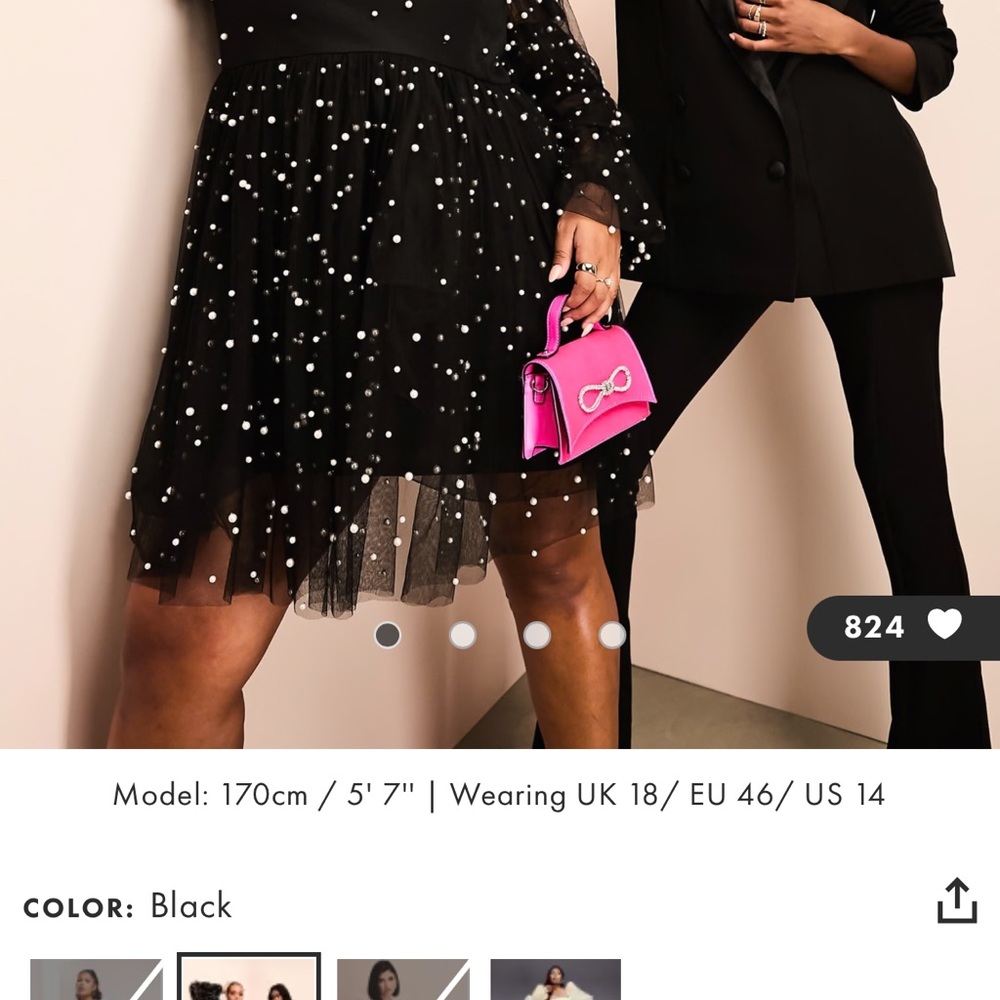 ASOS Curve Black One Shoulder Dress with Pearl Details